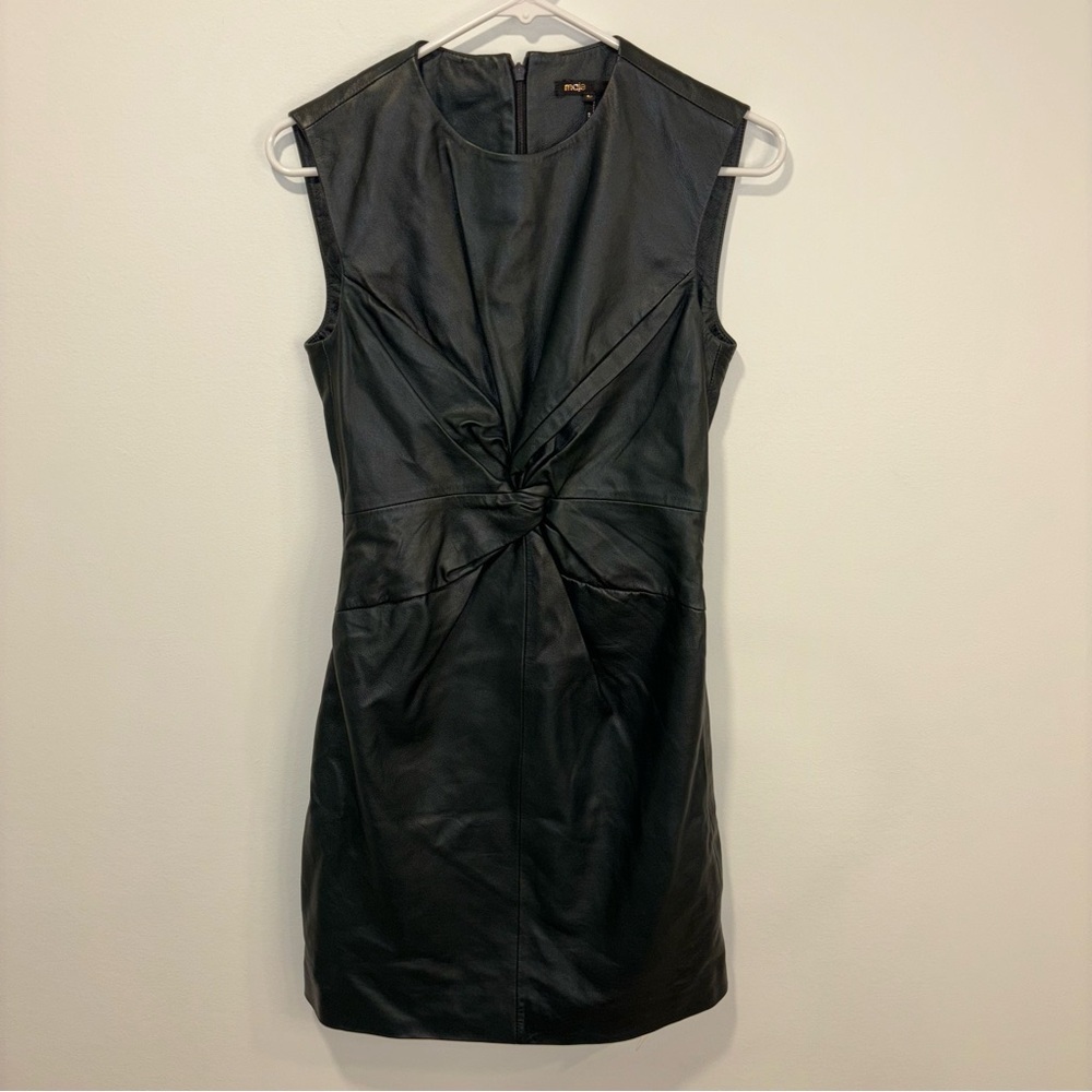 Maje Lambs Leather Mini Dress Twist Knot Front Black Bodycon Party Sleeveless